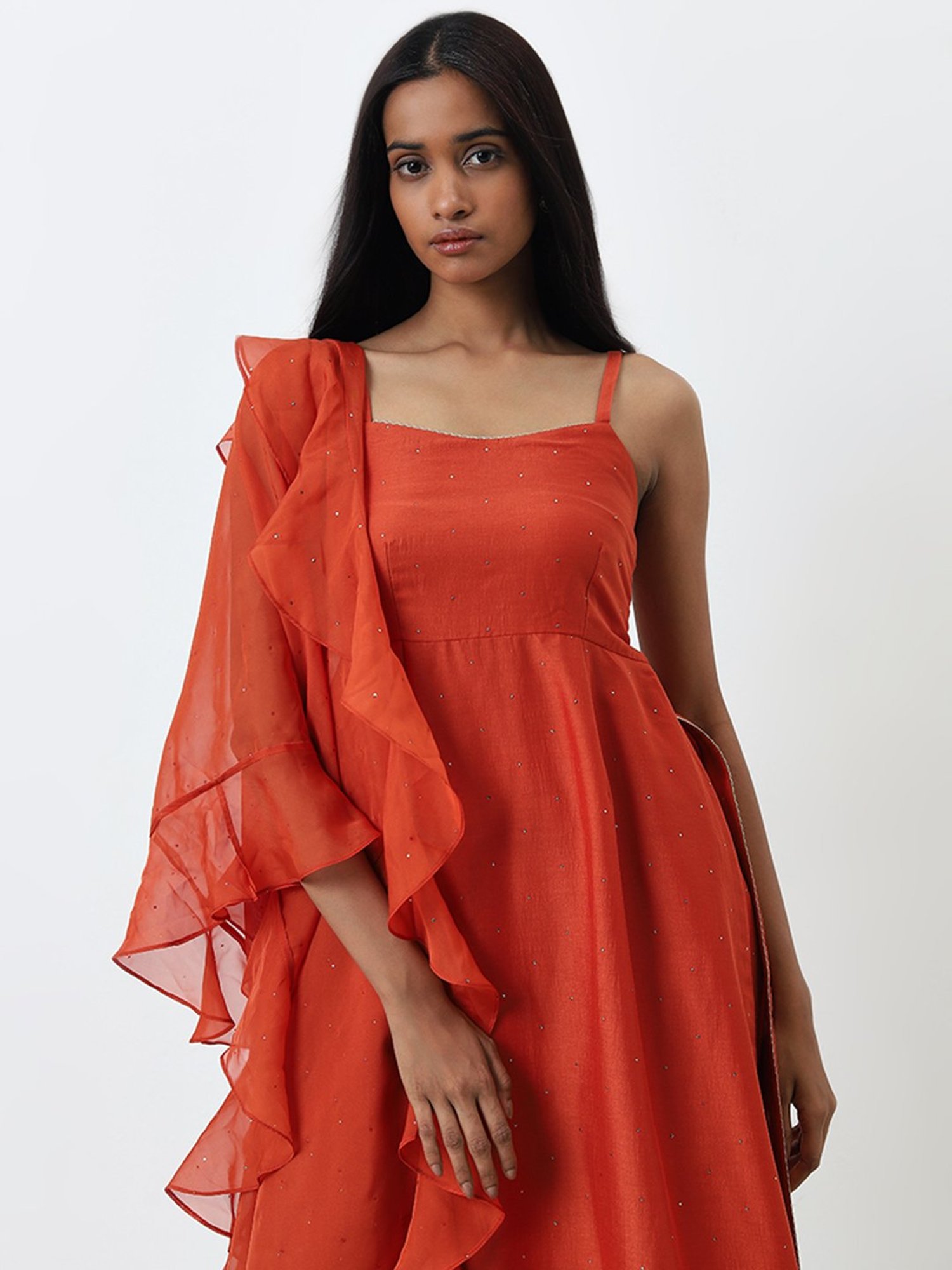 Vark by Westside Orange Embellished Kurta, Palazzos and Dupatta Set