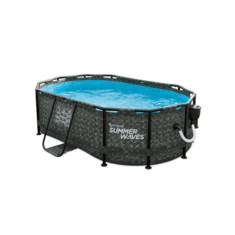 Summer Waves P71006331 9.8 x 6.5 Foot 33-Inch Deep Dark Herringbone Print Active Above Ground Metal Framed Oval Family Backyard Swimming Pool, Gray