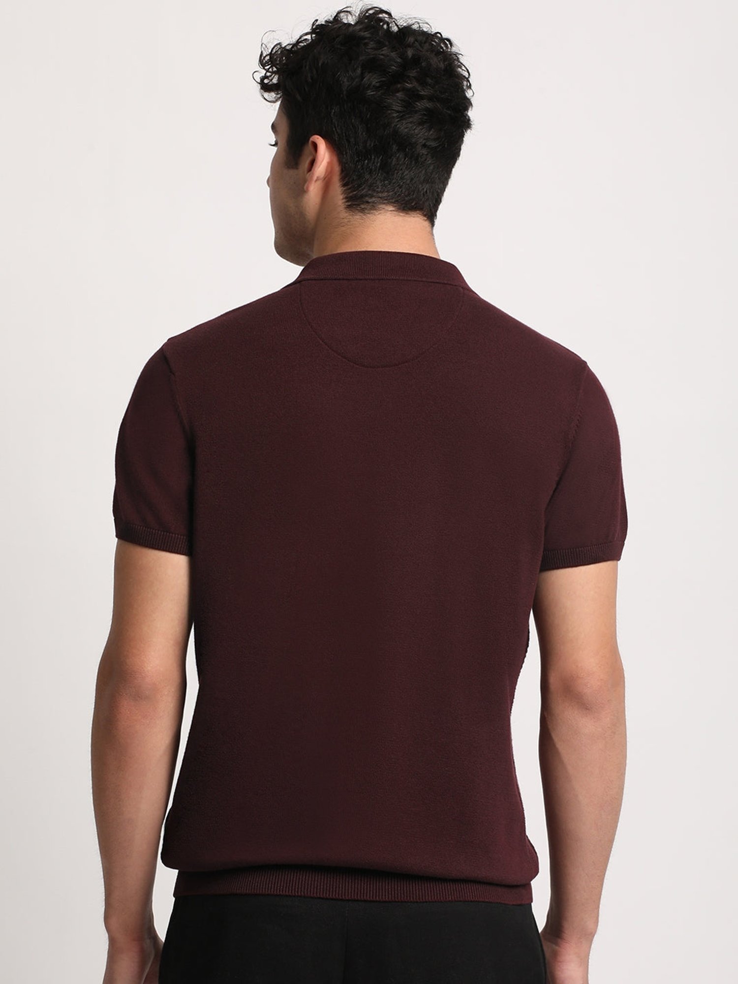 The Bear House Maroon Cotton Regular Fit Self Pattern Polo T-Shirt