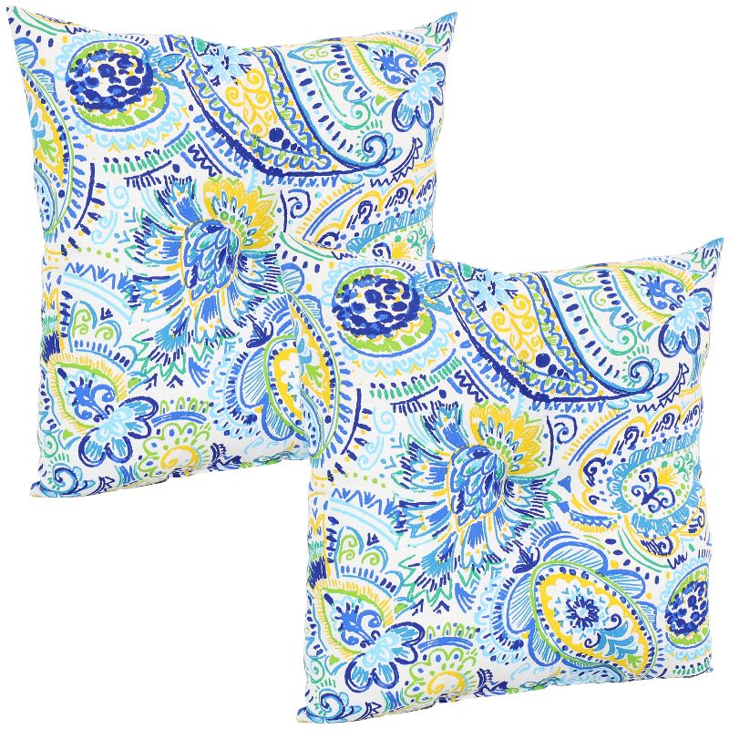 Sunnydaze Indoor/Outdoor Weather-Resistant Polyester Square Tufted Pillow with Zipper Closures - 19" - Aqua Paisley - 2pk