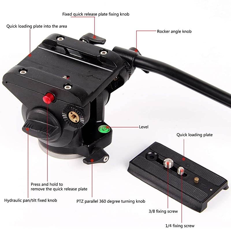 Fluid Head,  Flat Base Pro Heavy Duty Video Camera Tripod Action Fluid Drag Pan Head with 1/4" and 3/8" Screws Sliding Plate for Canon Nikon Sony DSLR Cameras Video Camcorders Shooting Filming