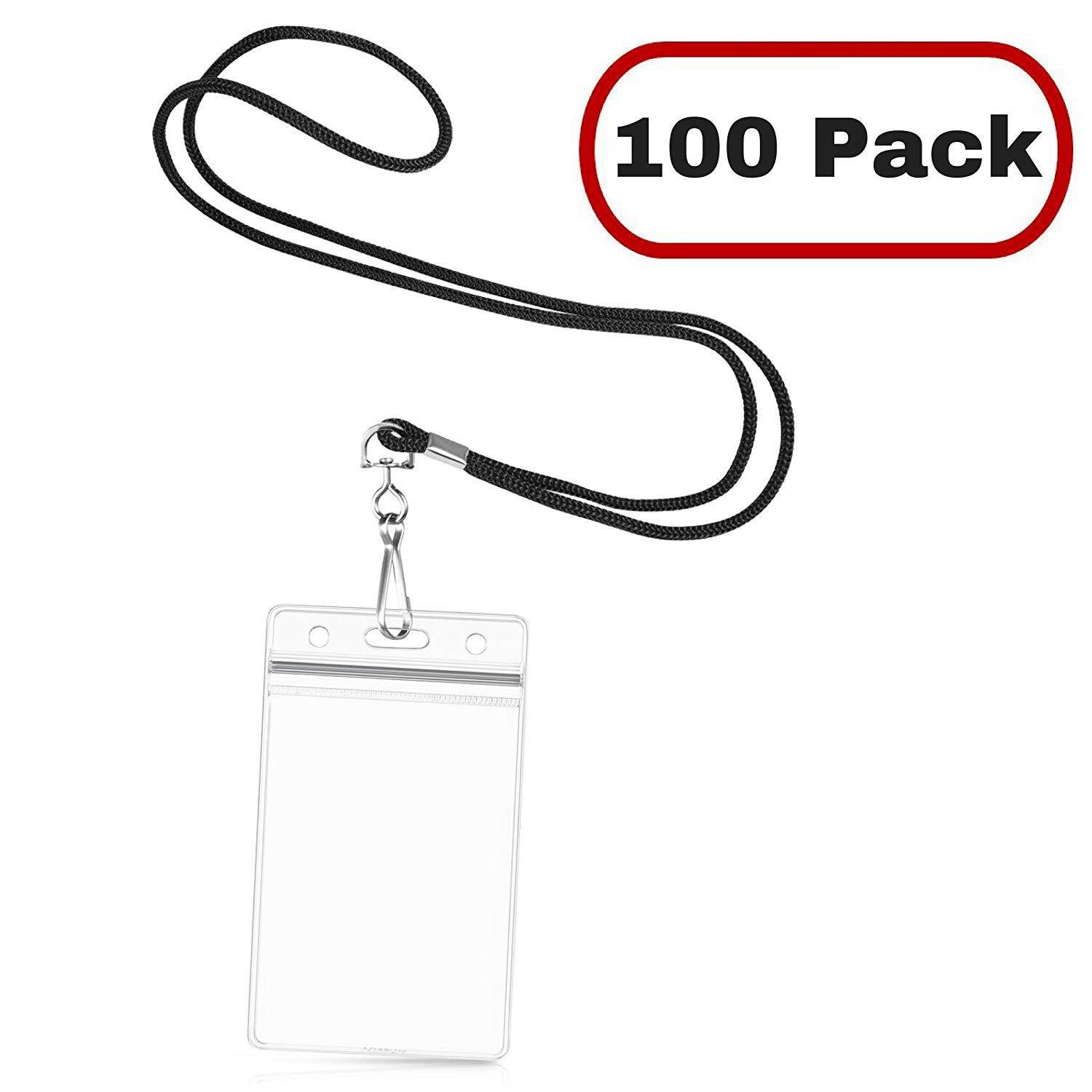 MIFFLIN Vertical ID Name Badge Holder with Woven Lanyard (Satin Black Non-Breakaway, 100 Pack)