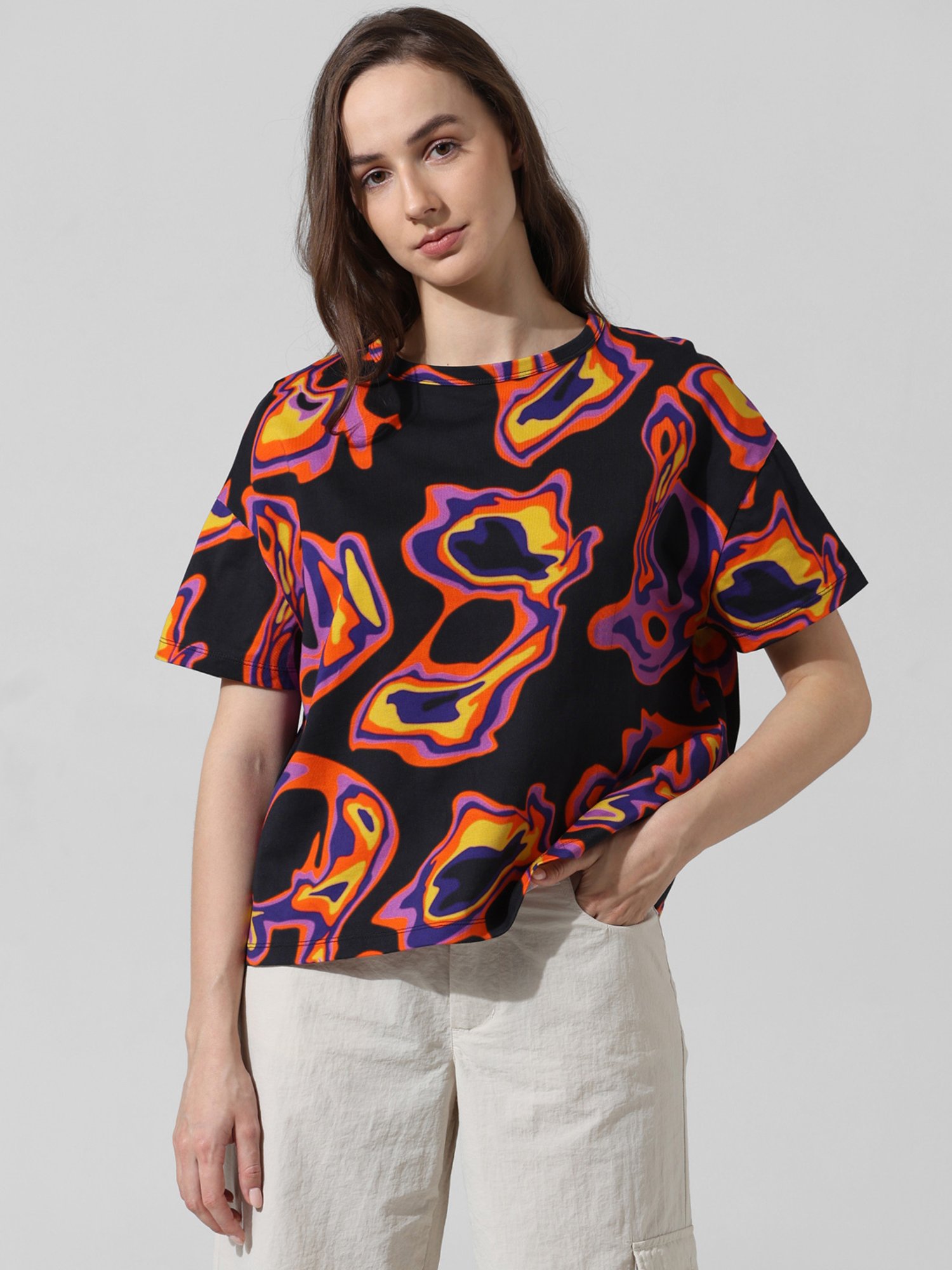 Only Black Cotton Printed Oversized T-Shirt