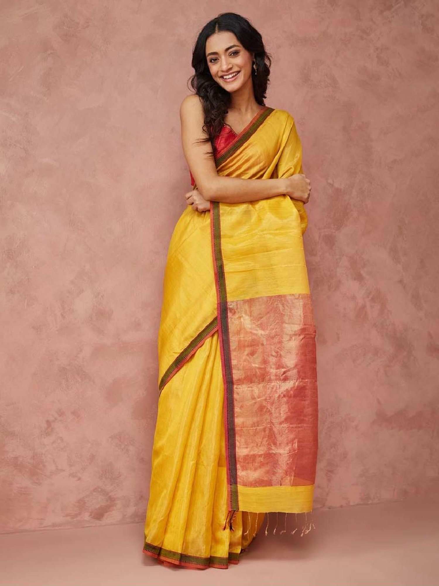 Unnati Silks Red Silk Printed Saree With Unstitched Blouse