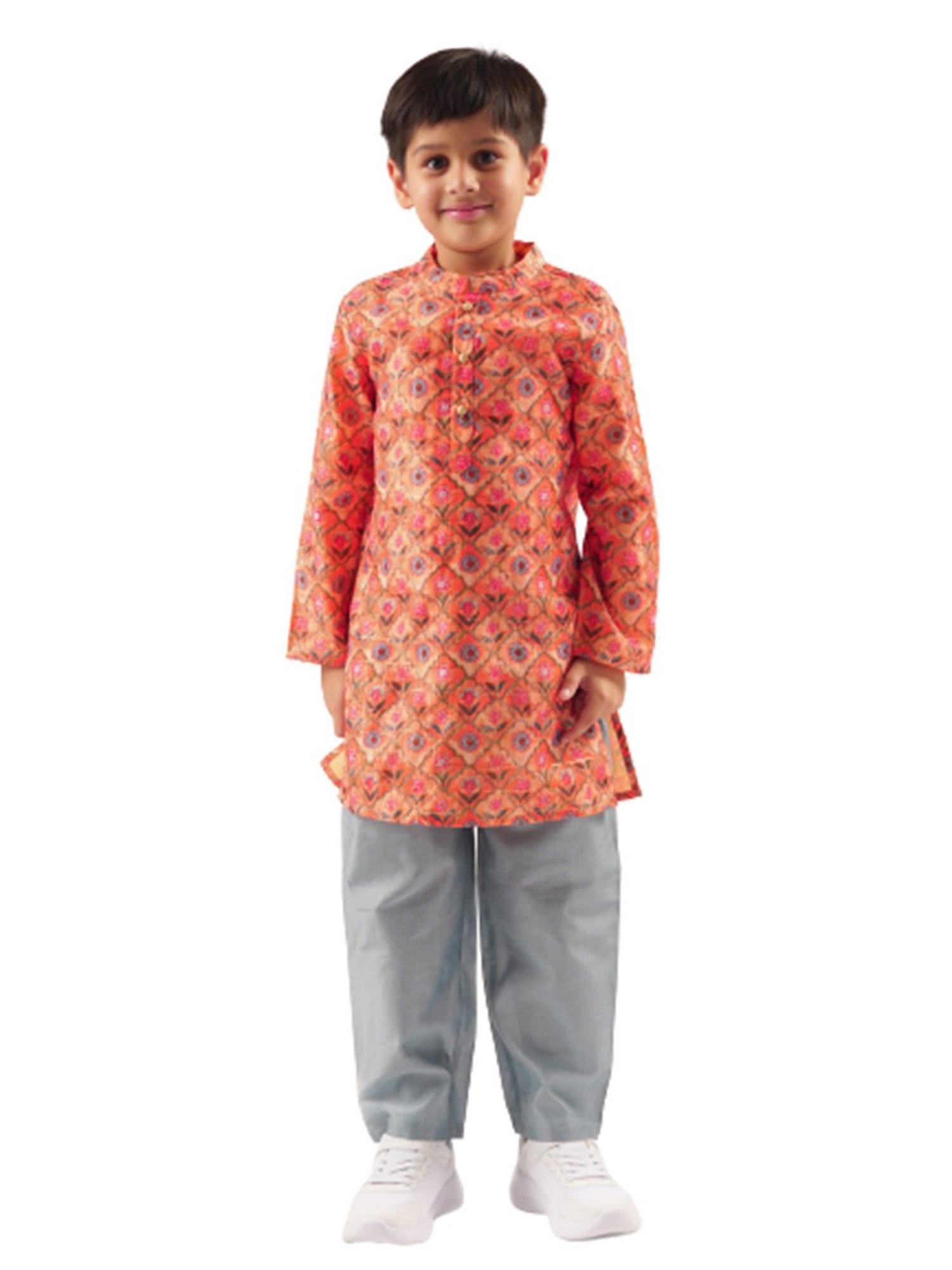 Lil Drama Kids Orange & Grey Floral Print Full Sleeves Kurta With Pyjamas