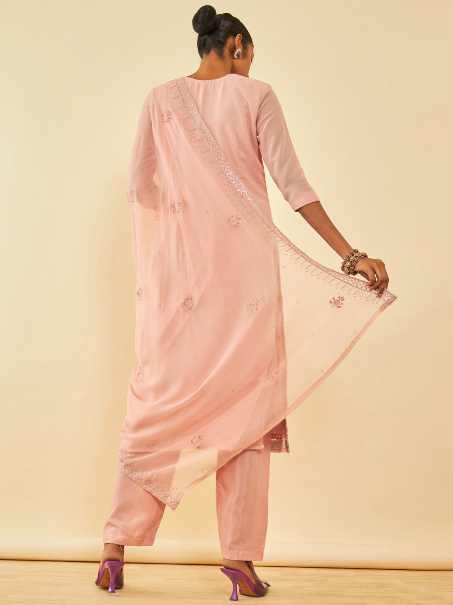 Soch Peach Georgette Embroidered Unstitch Dress Material With Stones