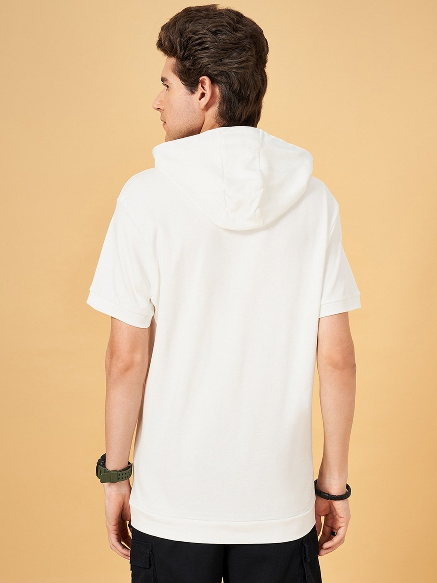 Street 808 by Pantaloons Snow White Cotton Regular Fit Hooded T-Shirt