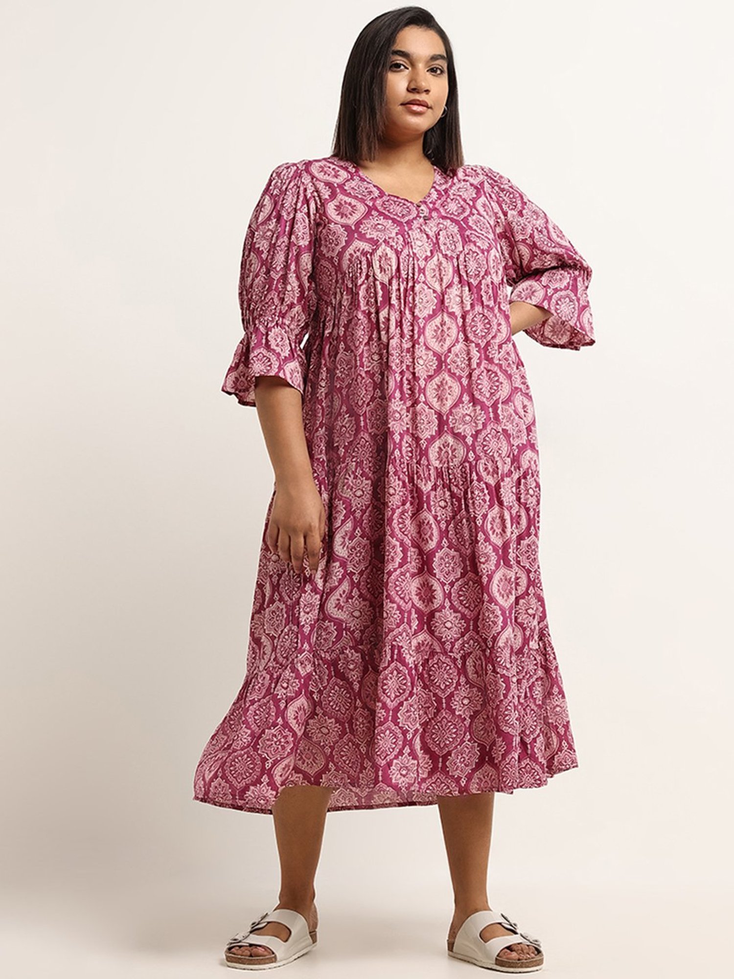 Diza by Westside Pink Flared Printed Tiered Dress