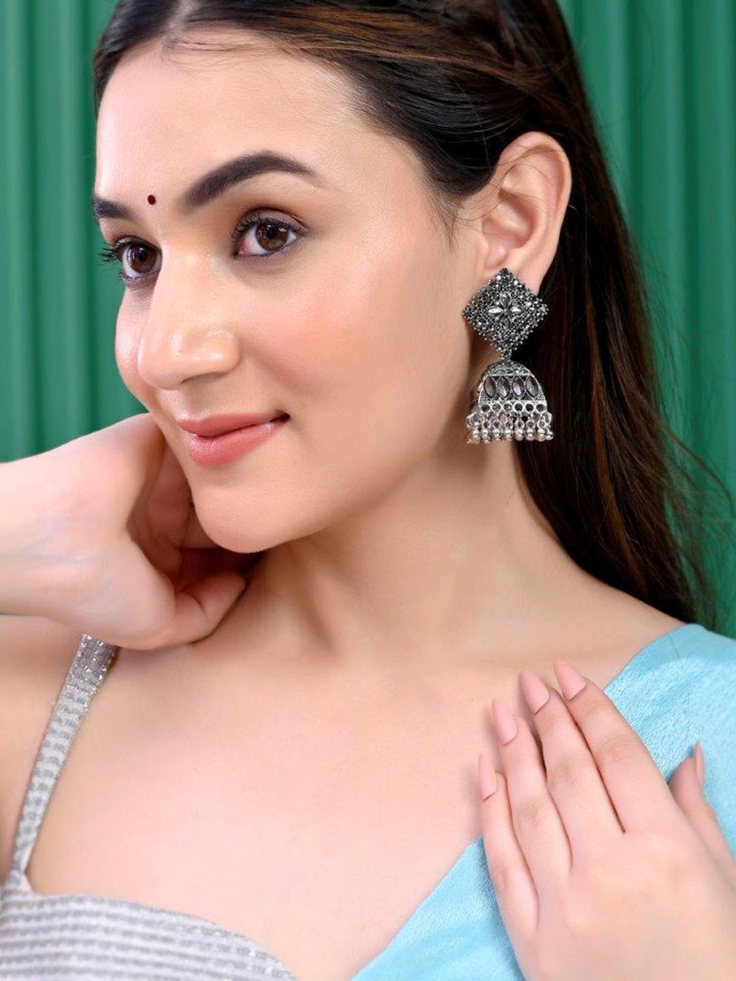 VOJ Black-Toned AD Studded Dome Shaped Jhumkas Earrings for Women