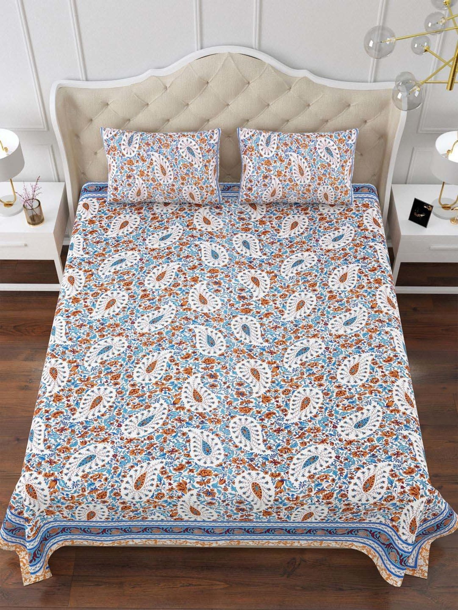 Aapno Rajasthan Bougainville Treasures Blue & Orange Cotton Double Bedsheet With 2 Pillow Cover
