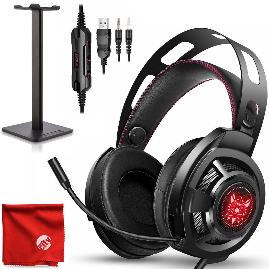 ONIKUMA M190 Pro RGB LED Light Over-Ear 7.1 Surround Sound Noise Cancelling Gaming Headset Microphone Bundle with Headphone Stand for PC, Xbox One, PS4, Nintendo Switch, Mac, Desktop, Laptop, Computer