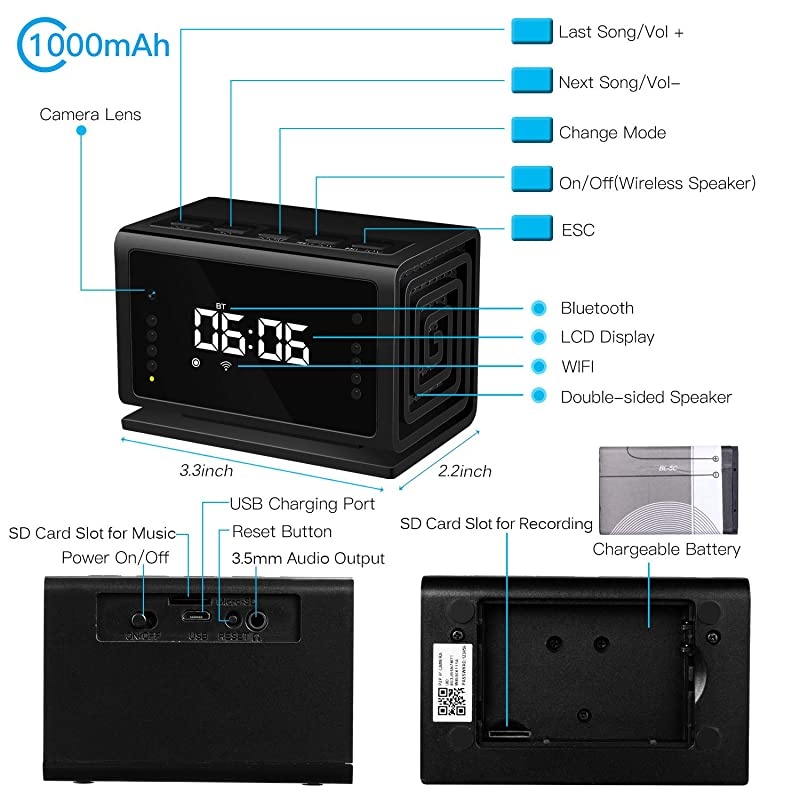 Hidden Camera  Spy Camera Wireless Security Nanny Cam with 1080P Full HD WiFi Night Vision Motion Detection Bluetooth SpeakerFM RadioCell Phone AppNo Sound Recording