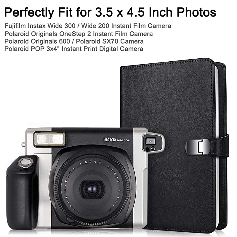 Wallet Photo Album for Fujifilm Instax Wide 300 Polaroid OneStep 264 Pockets Snap Fastener Album Compatible with Polaroid POP Originals 600 Camera 35x45 Inch Film Vintage Black