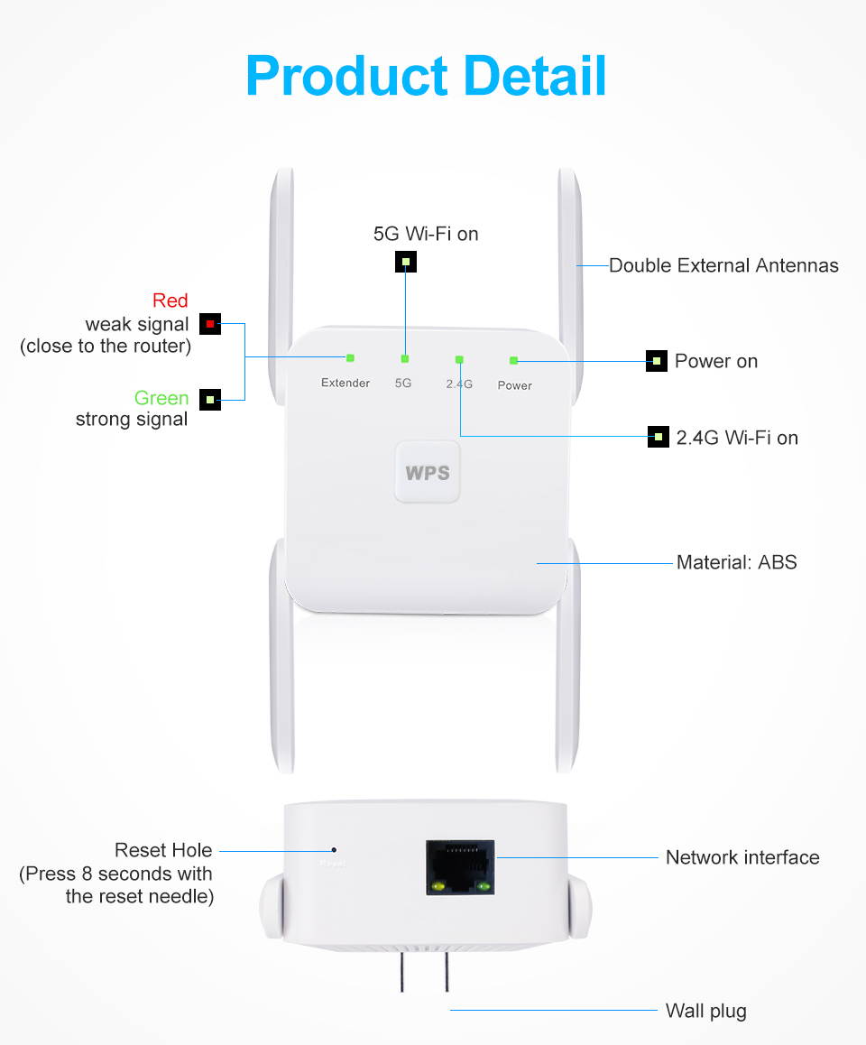 AC1200 Dual Band Wifi Repeater Wireless Range Extender 2.4G   300Mbps 5G 867Mbps Wall Repeater WiFi Amplifier Booster Home Networking Enhance Wifi Signal