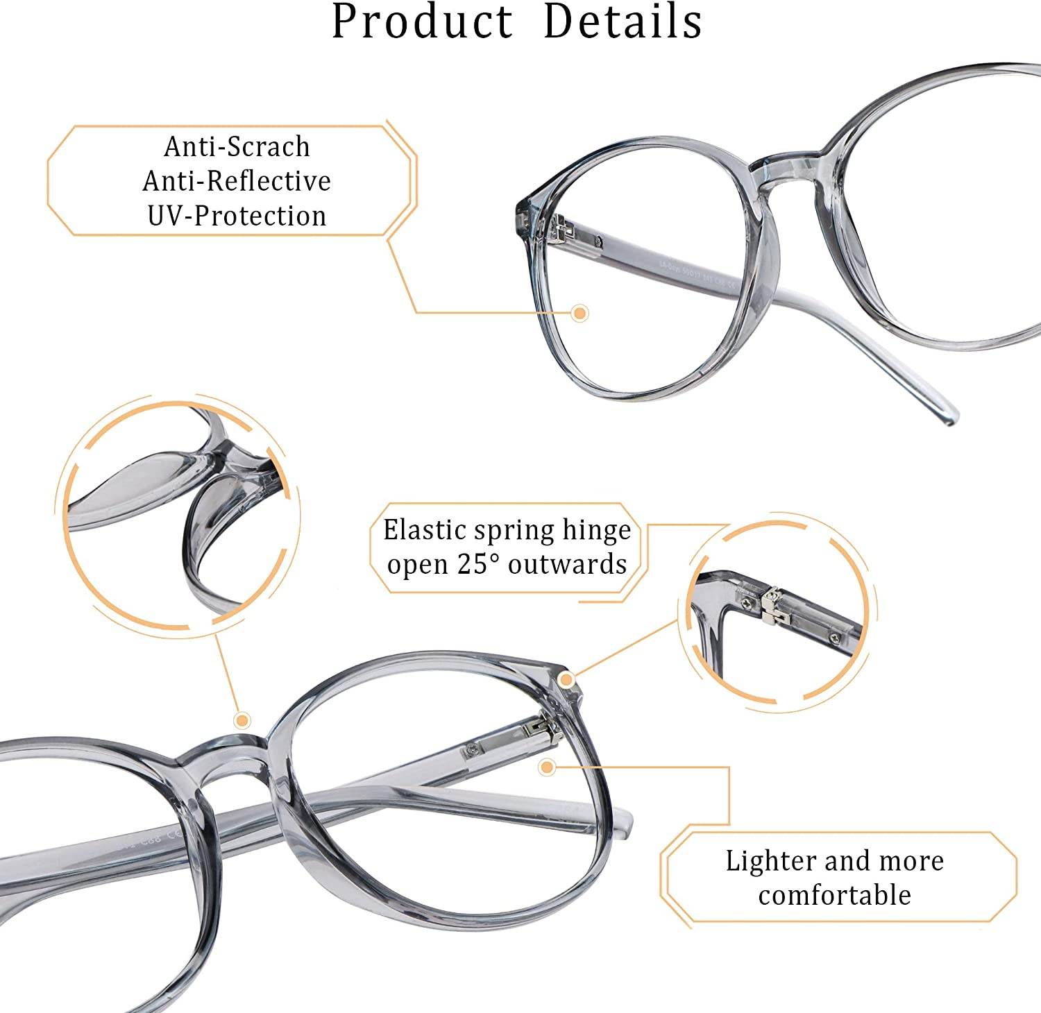 Blue Light Blocking Glasses, Anti Eyestrain, Computer Reading Glasses with Spring Hinge, Gaming Glasses, TV Glasses for Women Men, Anti UV, Anti Glare (Clear Grey, No Magnification)