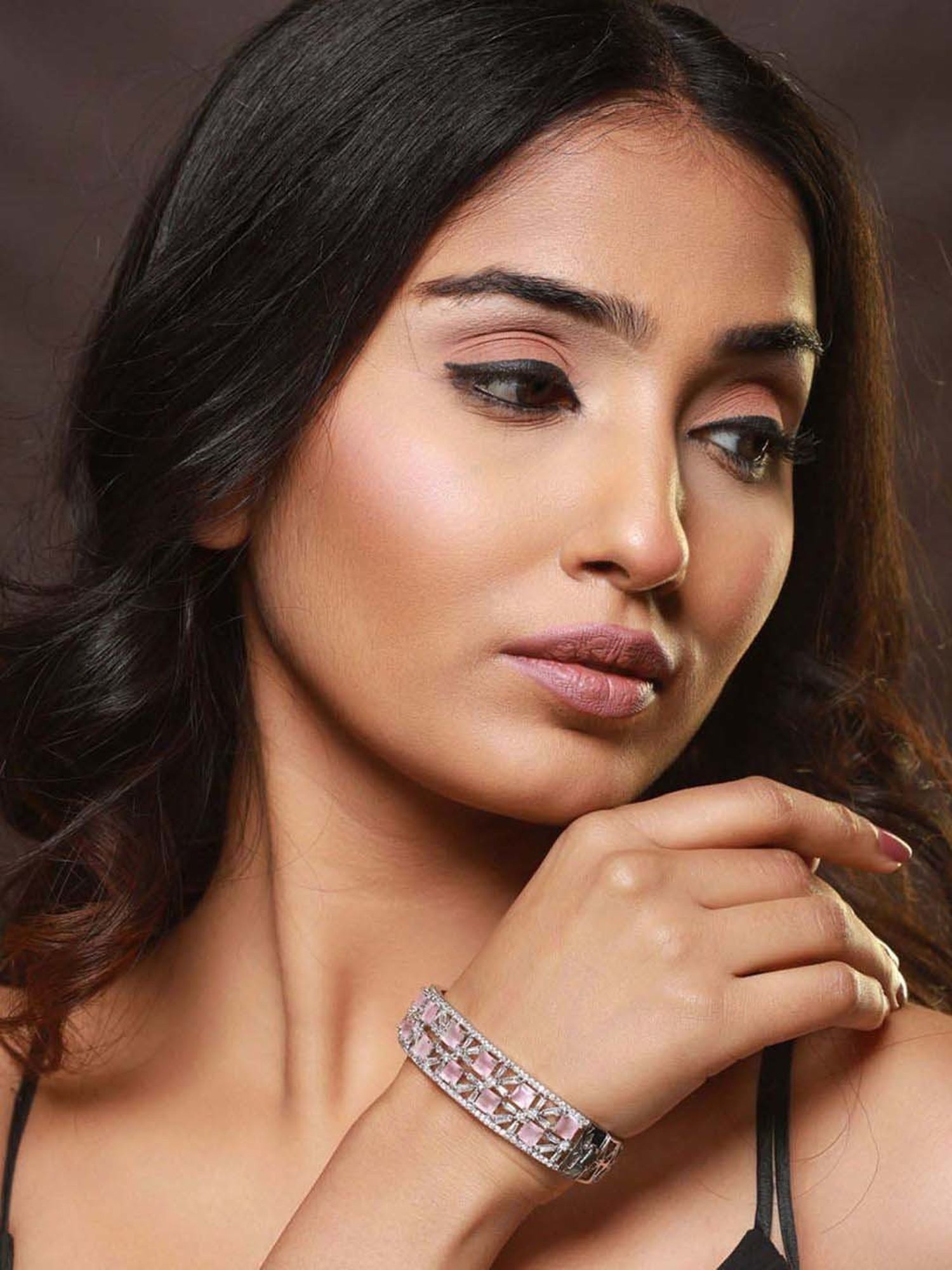 Jazz & Sizzle Silver-Plated Pink AD Studded Handcrafted Bangle Style Bracelet for Women