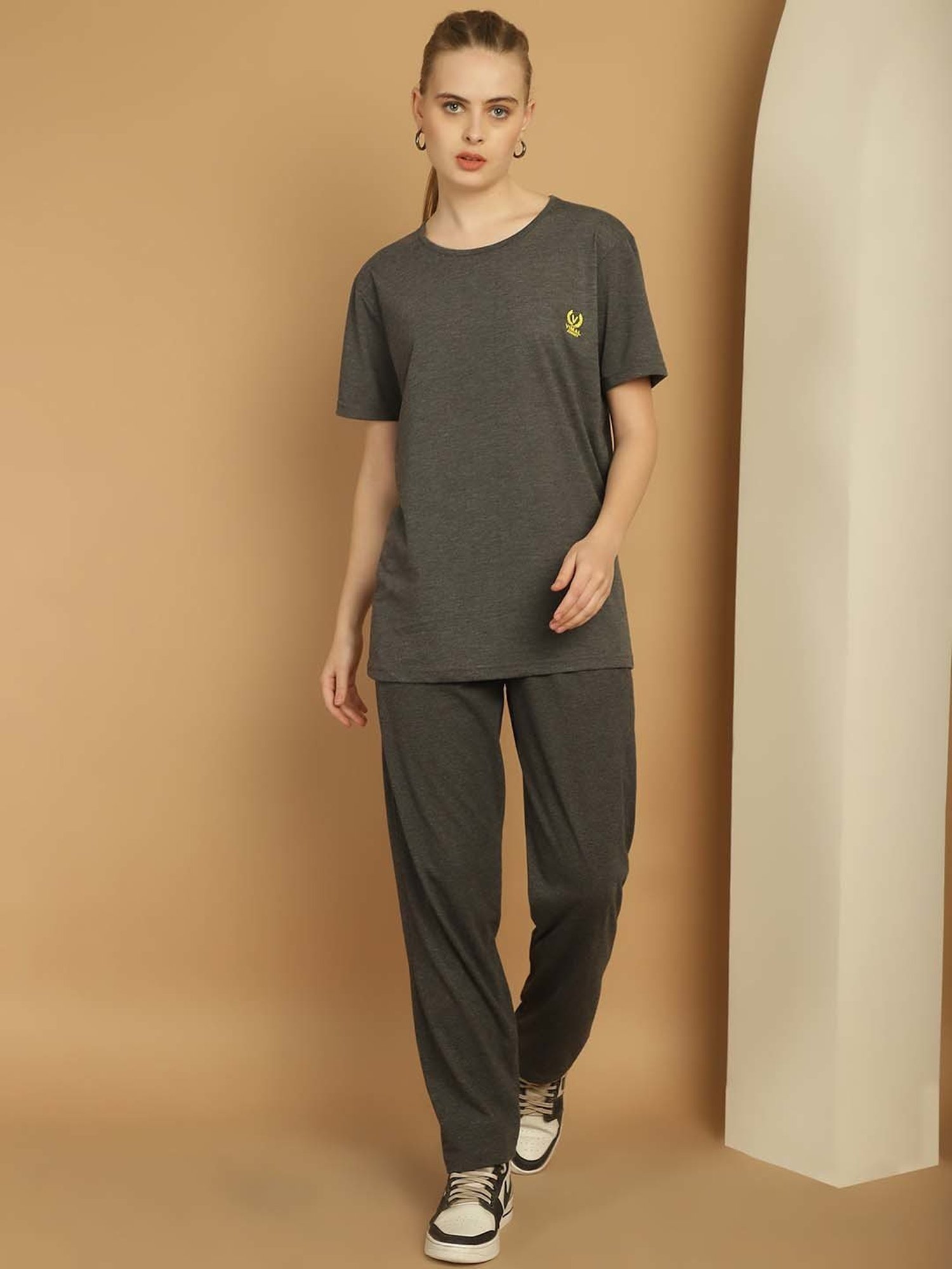 Vimal Jonney Anthracite Grey Cotton Sports T-Shirt Track Pant Set