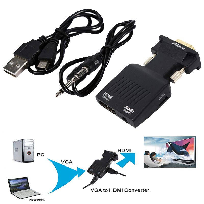 VGA to HDMI Adapter Converter with Audio, (PC VGA Source Output to TV/Monitor with HDMI Connector), Active Male VGA in Female HDMI 1080p Video Dongle adaptor for Computer, Laptop, Projector