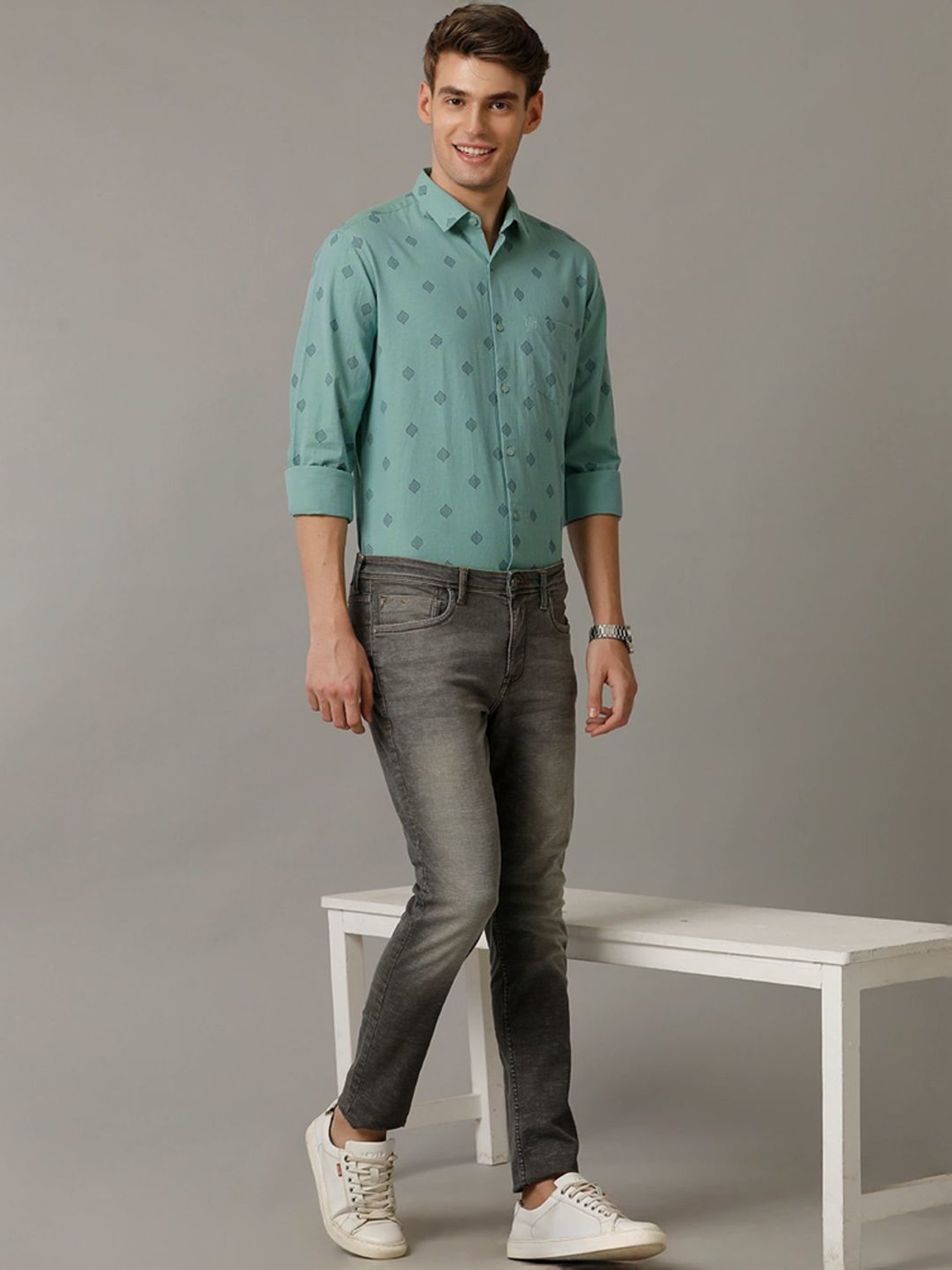 Cavallo By Linen Club Green Linen Contemporary Fit Printed Shirt