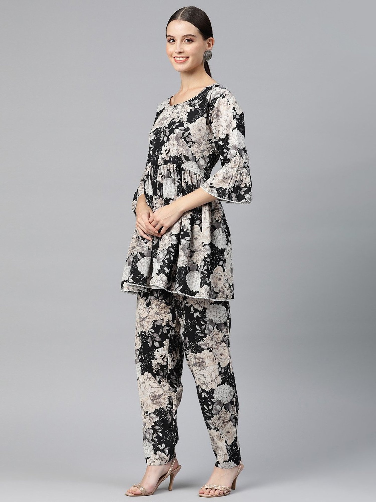 READIPRINT FASHIONS Black Cotton Floral Print Tunic Pant Set