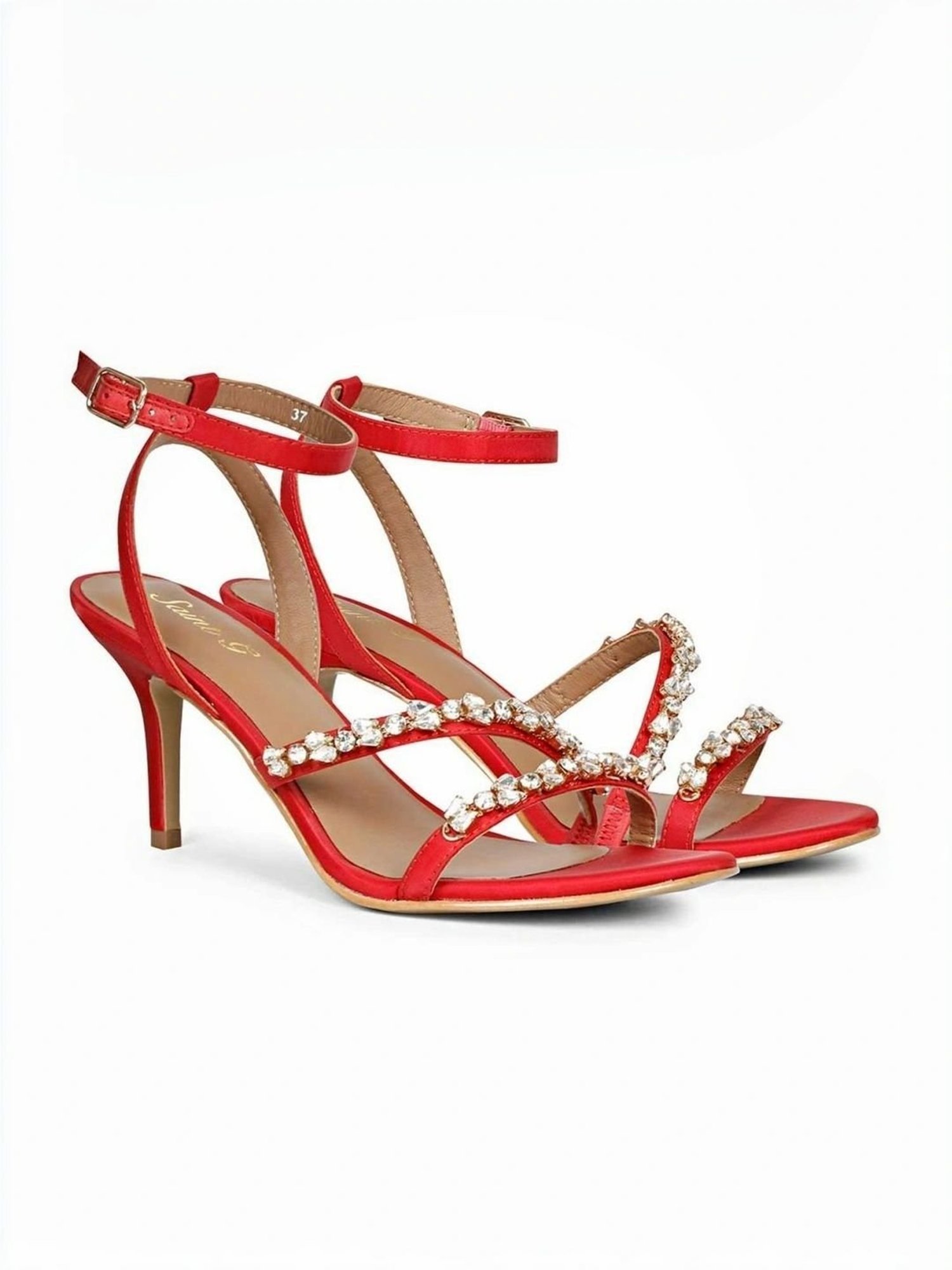 Saint G Women's Stone Embellished Red Ankle Strap Stilettos