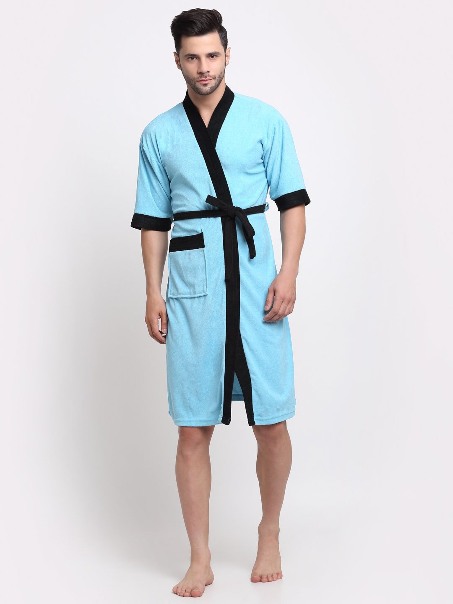 Creeva Everyday Ocean Blue & Black 225 GSM Micro Terry Bathrobe with Front Pocket & Kimono Collar