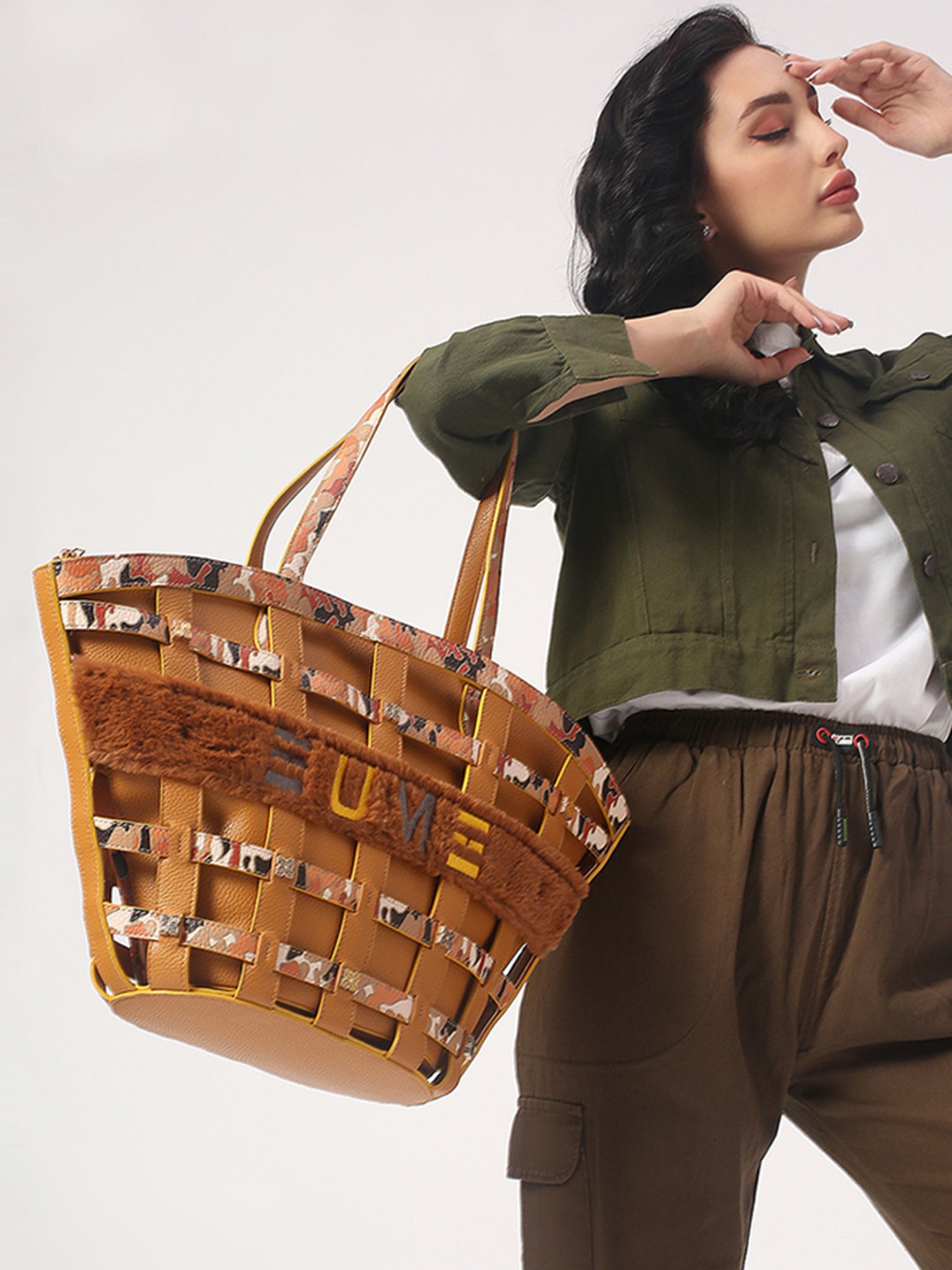 Eume Praline Mustard Camo Vegan Leather Tote Bag