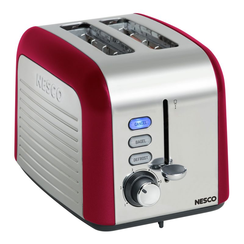 Nesco T1000-12 2 Slice Kitchen Extra Wide Slot Bread Frozen Bagel Toaster with Crumb Tray, Red