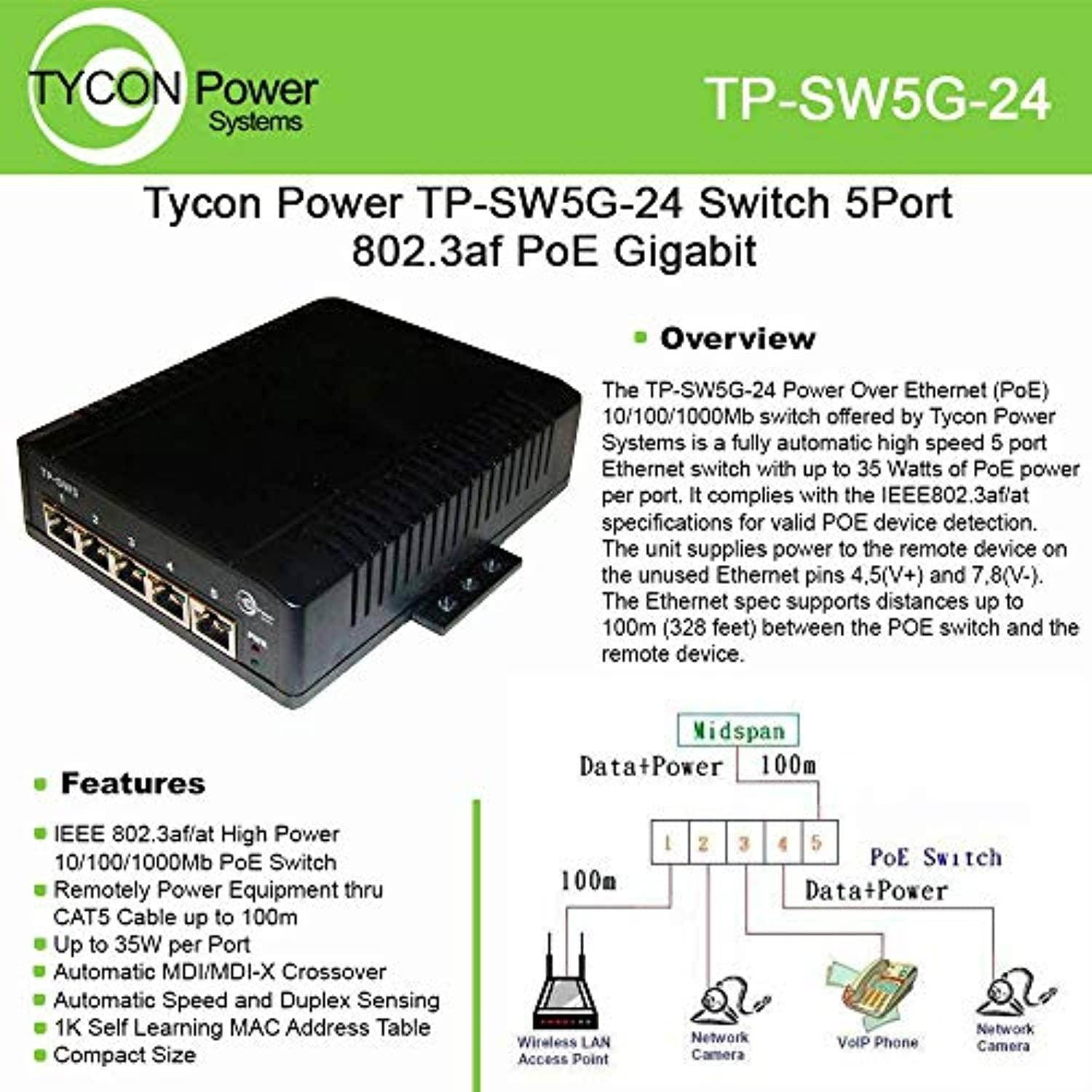 Tycon Power Systems - TP-SW5G-24 - Tycon Power Systems TP-SW5G-24 IEEE802.3af PoE accepts 10-36VDC 35W