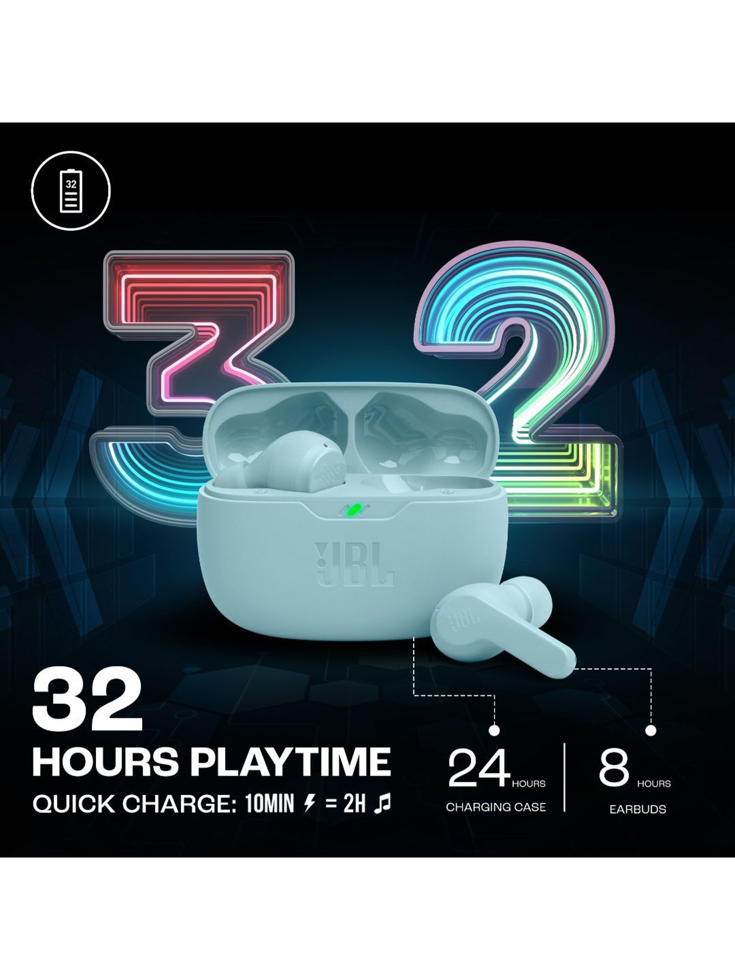 JBL Wave Beam TWS, 32Hr, Deep Bass, Dual Mode, Quick Charge, IP54, Smart Ambient & TalkThru (Mint)