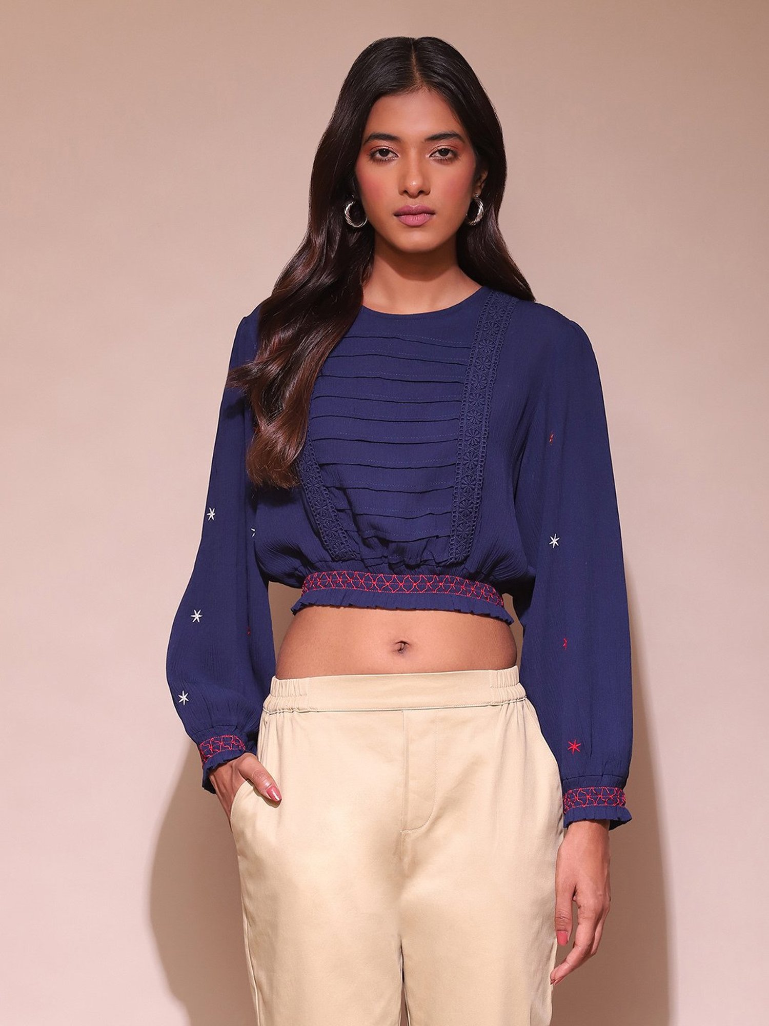 Label Ritu Kumar Navy Embroidered Crop Top