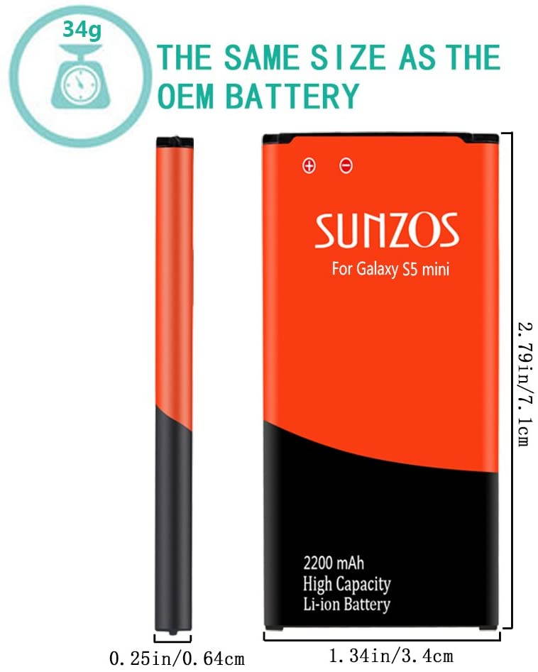 Galaxy S5 Mini Battery, SUNZOS 2200mAh Li-ion Replacement Battery for Samsung Galaxy S5 Mini (Compatible with All Galaxy S5 Mini Models) - EB-BG800BBE/EB-BG800BBU[3 Years Warranty]