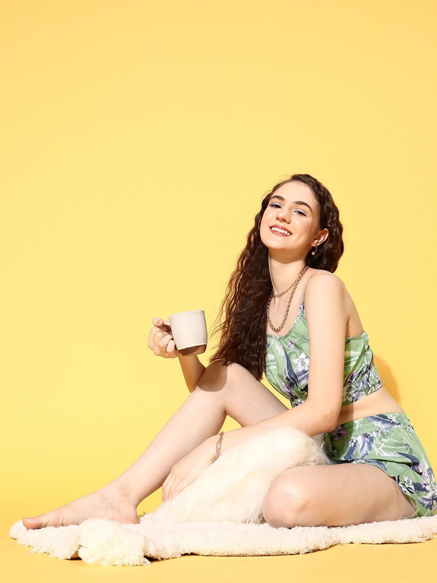 Prakrti Green Printed Crop Top Shorts Set