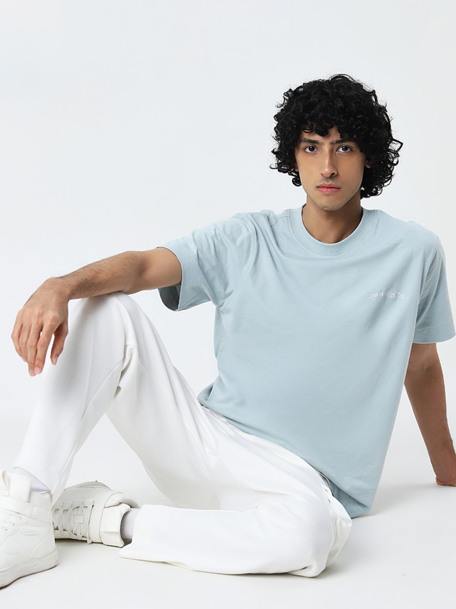 Studiofit by Westside Light Blue Typographic Relaxed-Fit Cotton T-Shirt