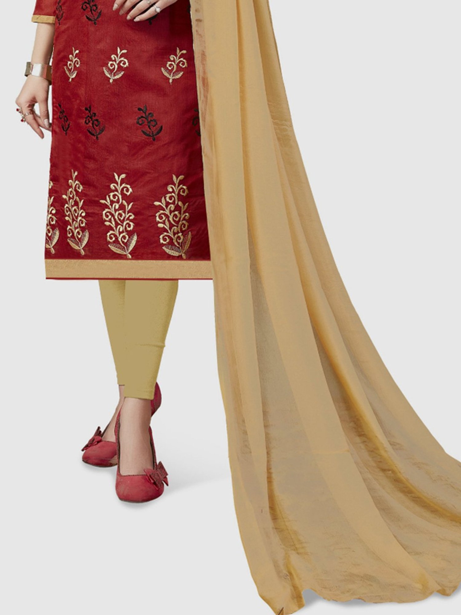 APNISHA Maroon & Beige Embroidered Unstitched Dress Material