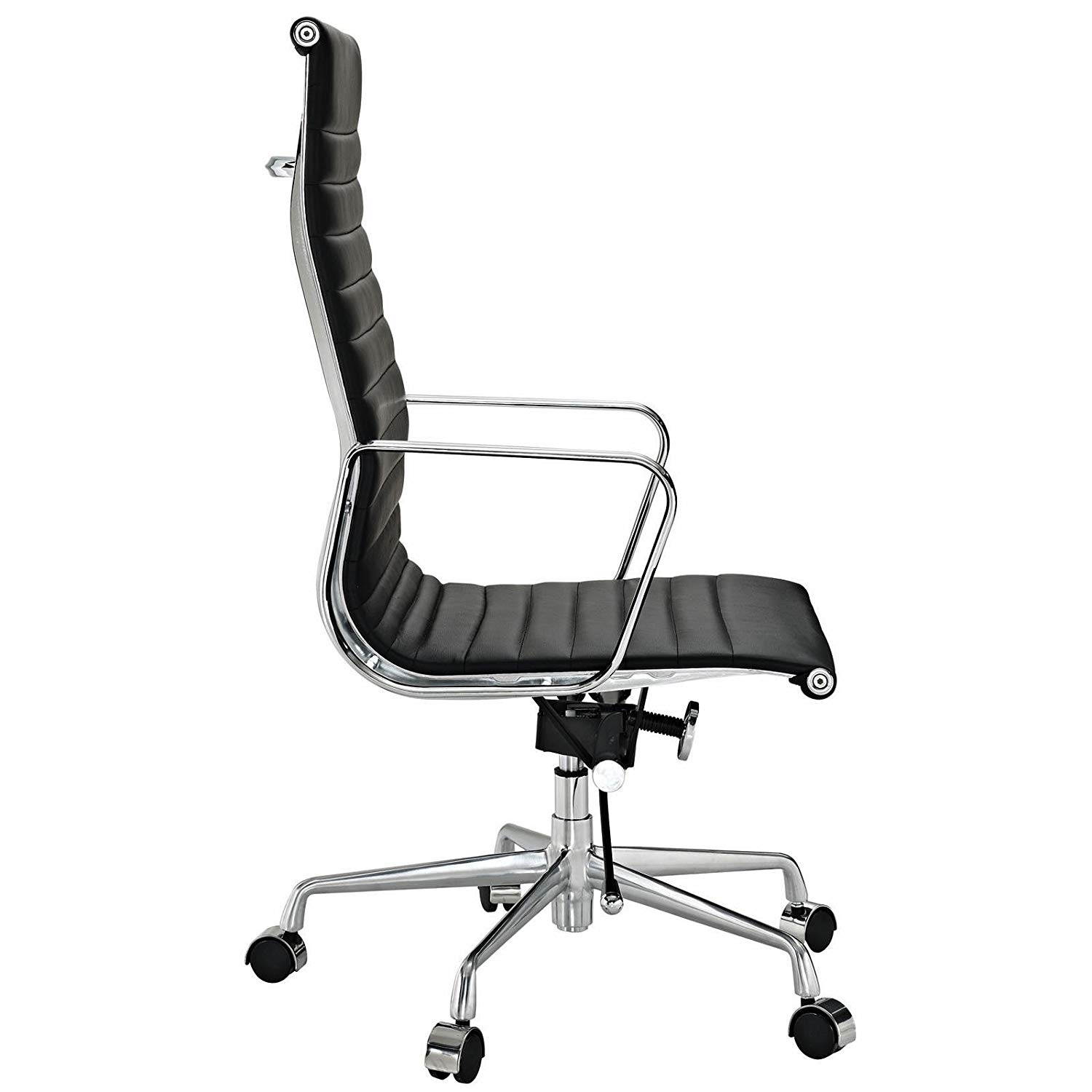 eMod Eames Executive Adjustable Height Seat Office Chair in PU Leather with Polished Armrests, Tilt Lock Lever, Ribbed High Back, Swivel, Tension Knob for Conference Room - BLACK COLOR