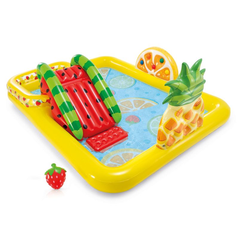 Intex 57158EP Fun'N Fruity 8ft x 6.25ft x 4in Outdoor Inflatable Kiddie Pool Water Play Center w/ Water Slide, Sprinklers and 6 Play Balls for Ages 2+