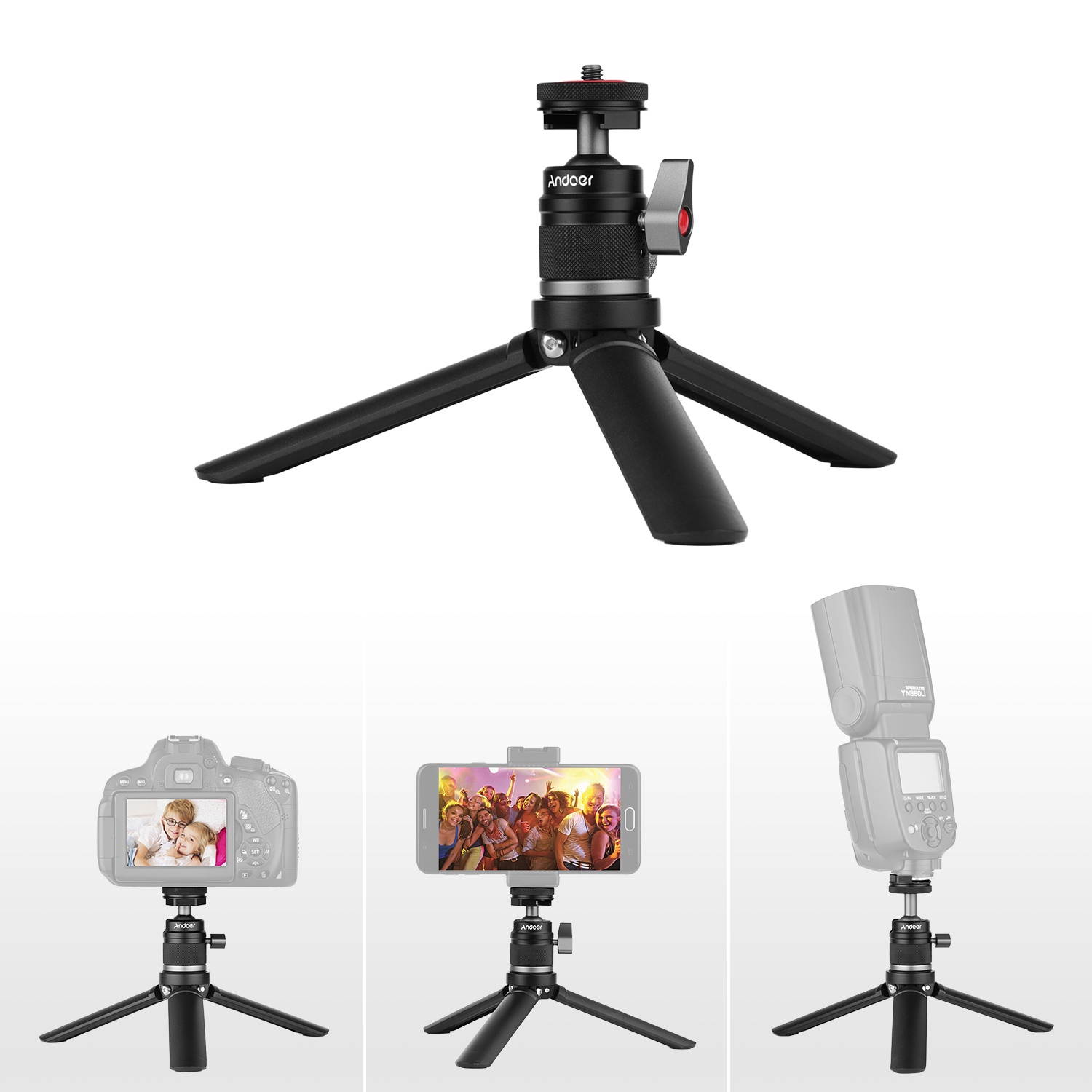 Andoer Mini Cold Shoe Ball Head Tripod with 1/4 Screw and Cold Shoe Dual Use Aluminum Alloy Compatible with DSLR SLR Action Camera Flash Light Phone Holder