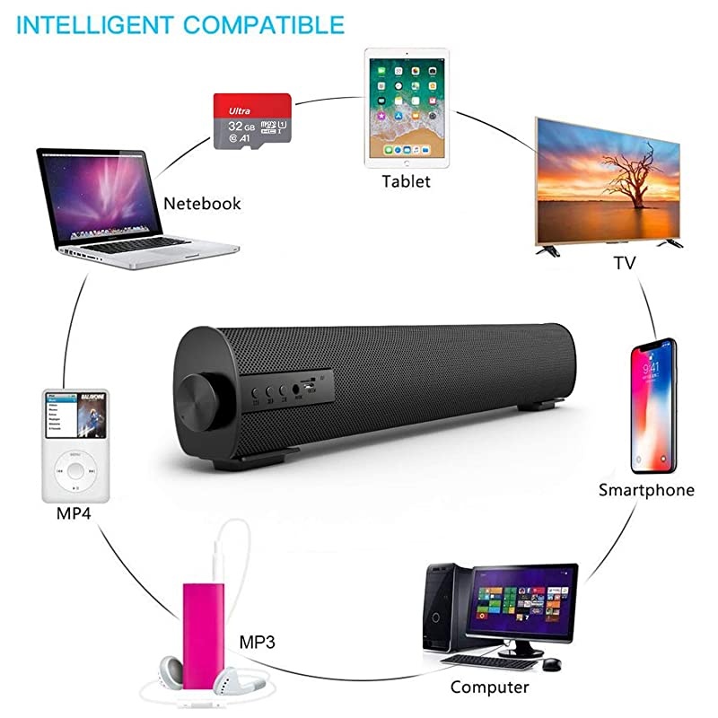 Soundbar for TV/PC, Outdoor/Indoor Wired & Wireless Bluetooth 5.0 Stereo Speaker with The Newest Remote Control, 2X5W Mini Home Theater Sound bar with Built-in Subwoofers for Phones (Updated)