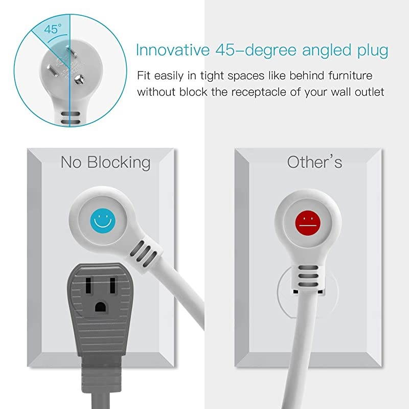 2100J Surge Protector USB Power Strip with ETL Approval 15A Angled Flat Plug Mountable Extension Cord Fast Charging Station 6 Outlet 5ft for Phone Tablet PC Garage Kitchen Home Office White