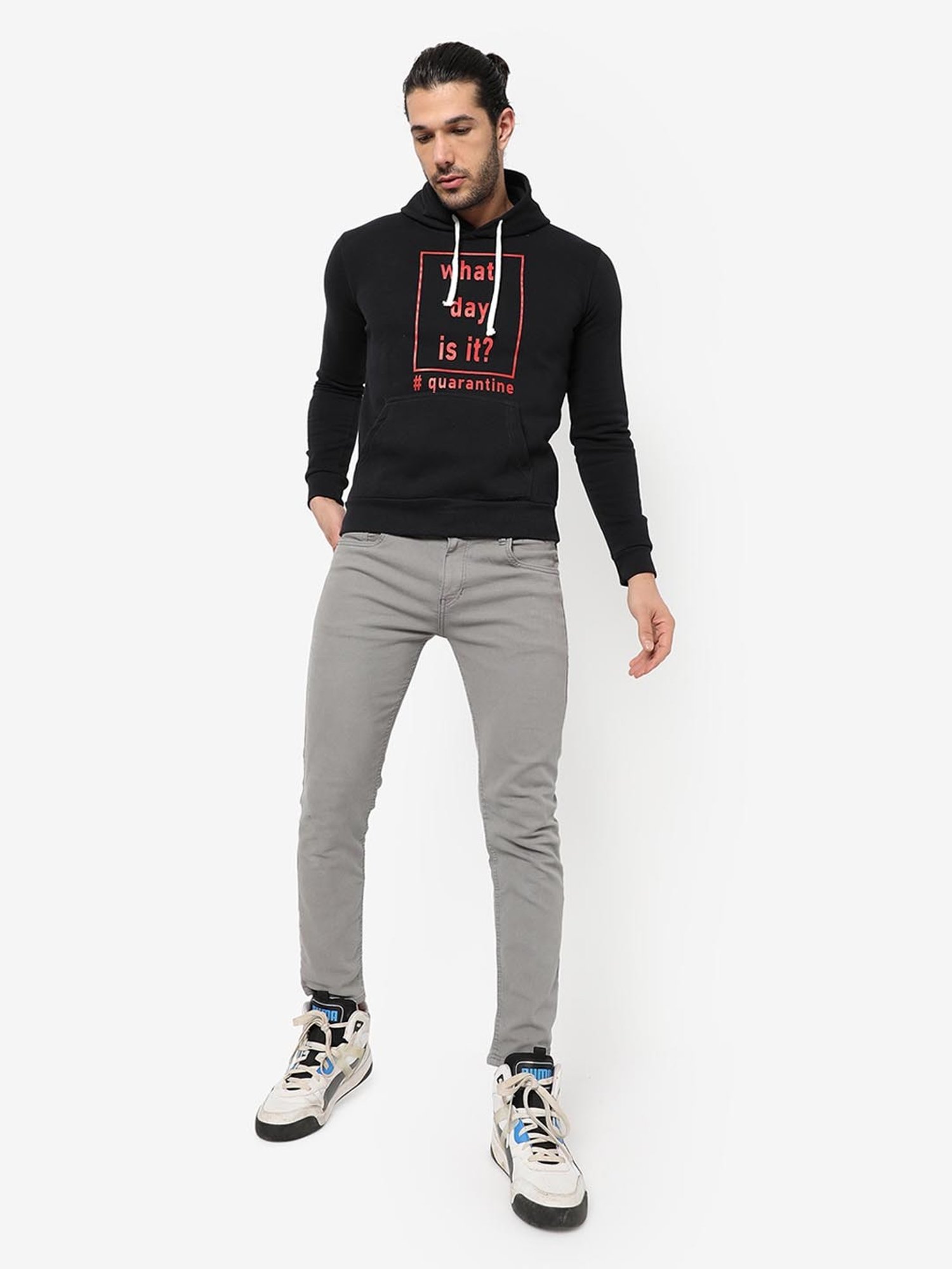 Campus Sutra Black Cotton Regular Fit Printed Hooded Sweatshirt