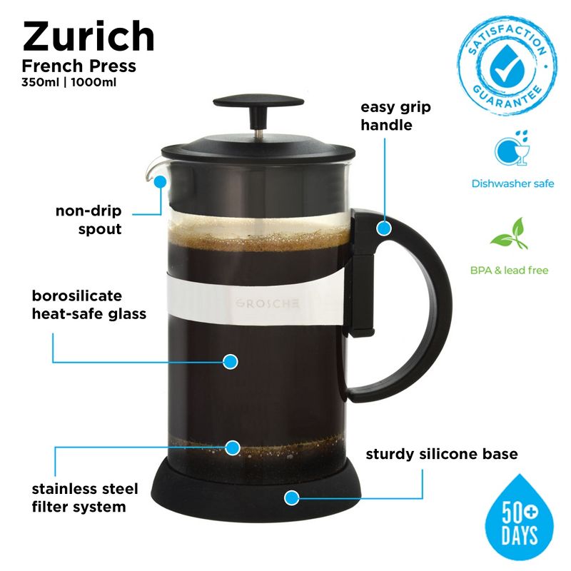 GROSCHE Zurich French Press Coffee Maker, Tea Press, 34 fl oz. Capacity 