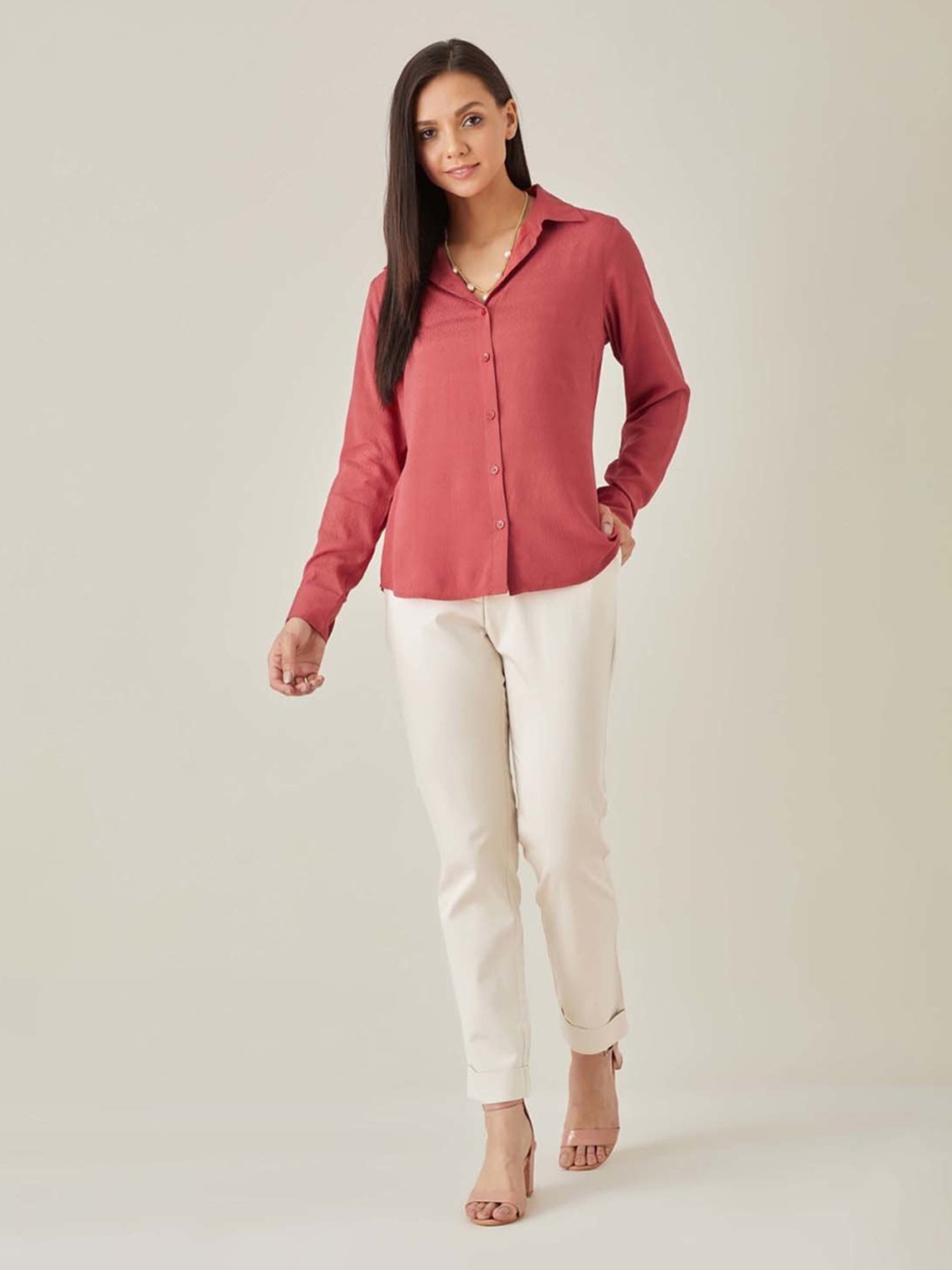 Qua Brick Red Textured Dobby Shirt