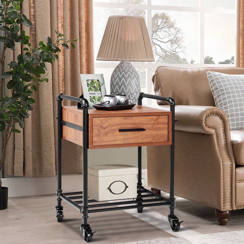 Costway 2-Tier End Coffee Table Nightstand Sofa Side Living Room Furni W/Drawer &Wheels