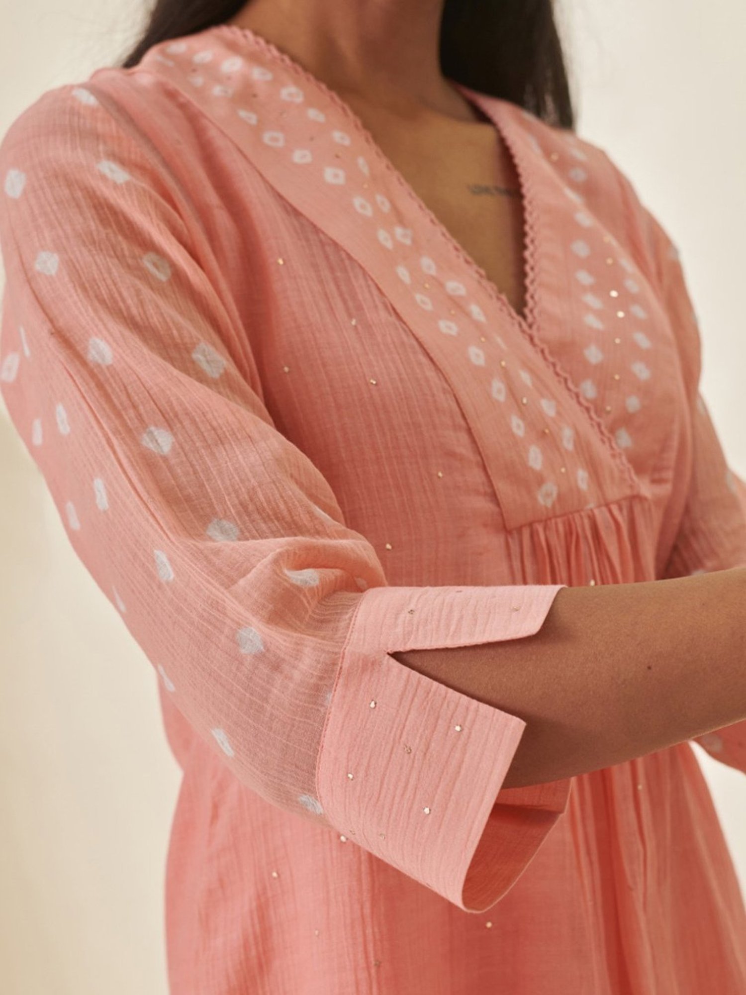 Prakriti Jaipur Peach Bandhej Bandhani V-neck Shirt