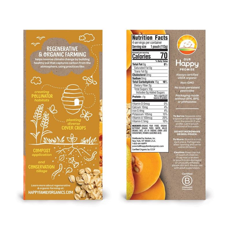 HappyBaby Farmed for Our Future 4pk Regenerative & Organic Pears Squash & Oats Baby Food Pouch - 16oz