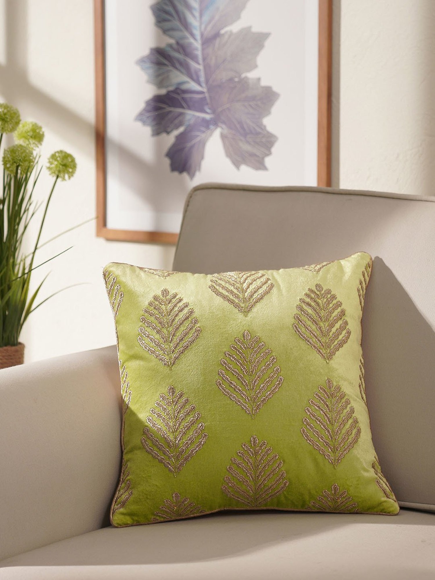 Pure Home and Living Green Cotton Embroidery Cushion Cover