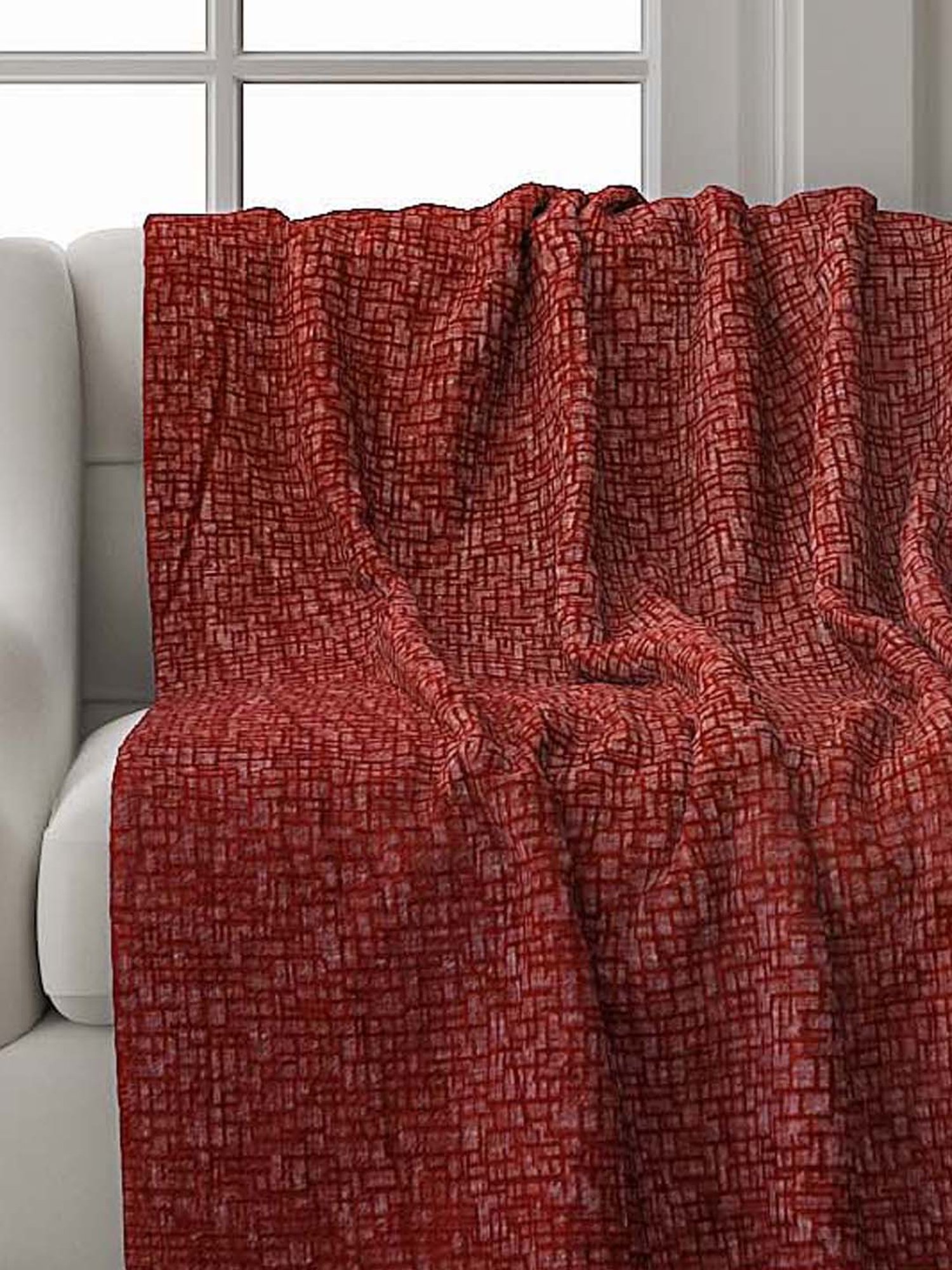Nestasia Red & Cream Chevron Cotton Knitted Throw blanket with texture for Living Room or Bedroom