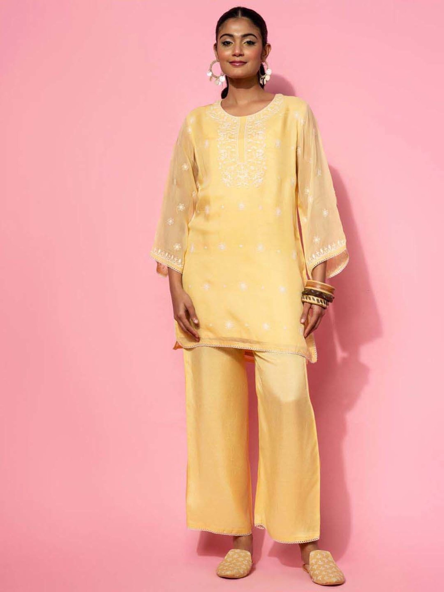 Libas Yellow Embroidered Silk Blend Co-Ords