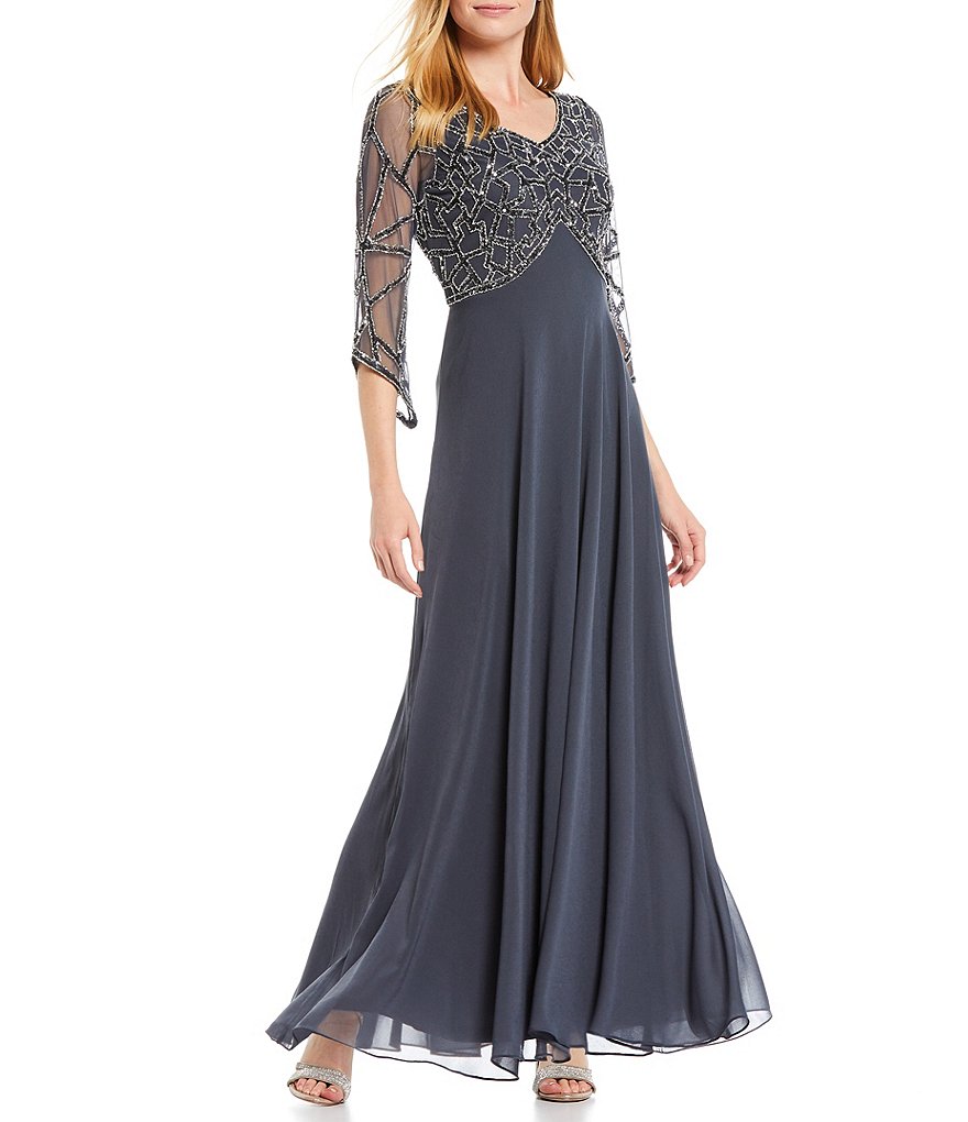 Jkara Petite Size V-Neck 3/4 Sleeve Beaded Bodice Gown